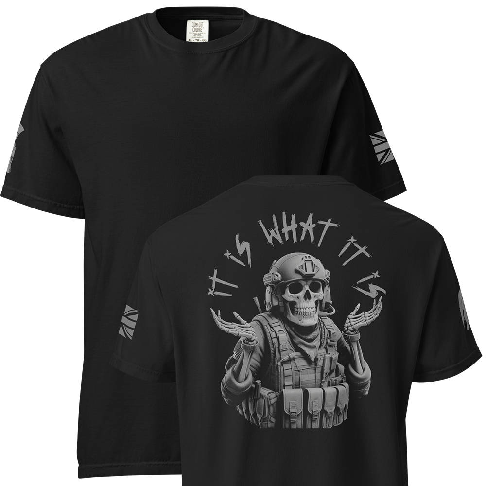 Front and back view of Black short sleeve unisex fit classic cotton T-Shirt by Achilles Tactical Clothing Brand printed with Large what it is design across back