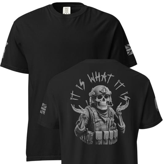 Front and back view of Black short sleeve unisex fit classic cotton T-Shirt by Achilles Tactical Clothing Brand printed with Large what it is design across back