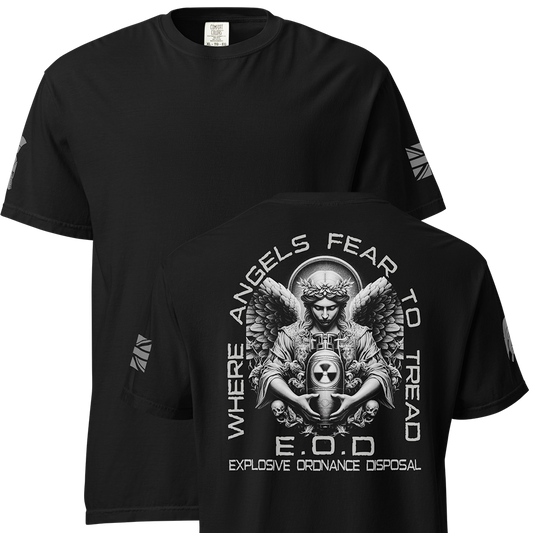 Front and back view of Black short sleeve classic cotton unisex fit T-Shirt by Achilles Tactical Clothing Brand with screen printed where angels fear to tread design on back