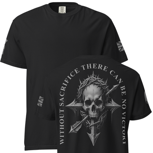 Front and back view of Black short sleeve unisex fit classic cotton T-Shirt by Achilles Tactical Clothing Brand printed with Large Without Sacrifice design across back