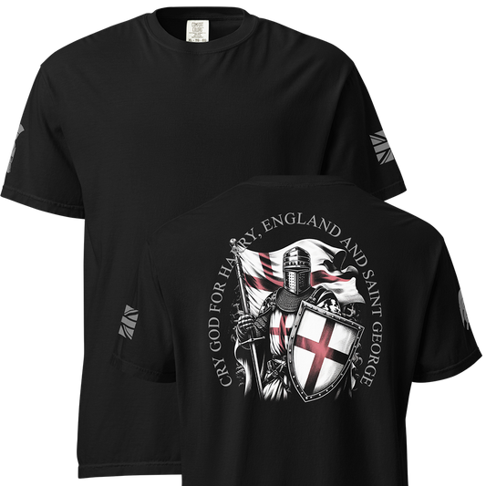 Front and back view of Black short sleeve classic cotton unisex fit T-Shirt by Achilles Tactical Clothing Brand with screen printed For Saint George design on back