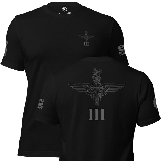 Front and Back view of Black short sleeve unisex fit cotton T-Shirt by Achilles Tactical Clothing Brand printed with 3 Para across Back and Achilles Helmet and union flag on left and right Sleeves