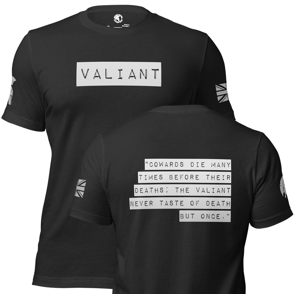 Front and back view of Black short sleeve unisex fit cotton T-Shirt by Achilles Tactical Clothing Brand printed with Wolf Grey Coward Shakespeare quote on Back and Valiant wording on chest and Achilles Helmet logo and Union Flag design on left and right Sleeves