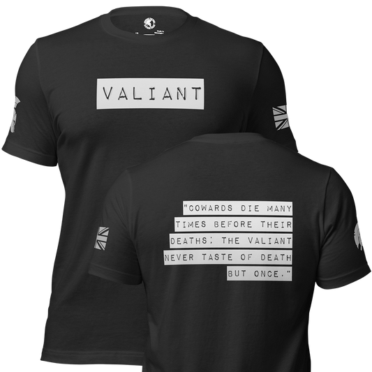 Front and back view of Black short sleeve unisex fit cotton T-Shirt by Achilles Tactical Clothing Brand printed with Wolf Grey Coward Shakespeare quote on Back and Valiant wording on chest and Achilles Helmet logo and Union Flag design on left and right Sleeves