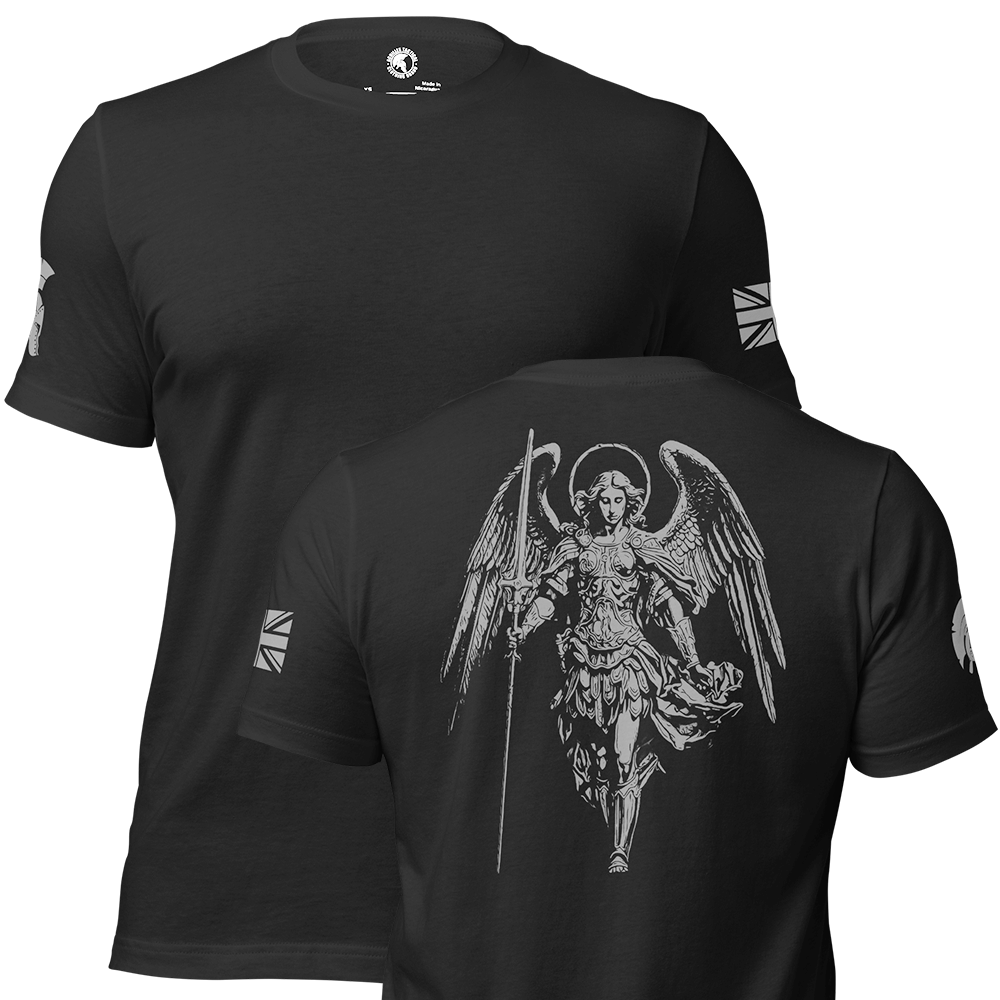 Front and back view of Black short sleeve unisex fit cotton T-Shirt by Achilles Tactical Clothing Brand printed with Wolf Grey Saint Michael design on Back and Achilles Helmet logo and Union Flag design on left and right Sleeves