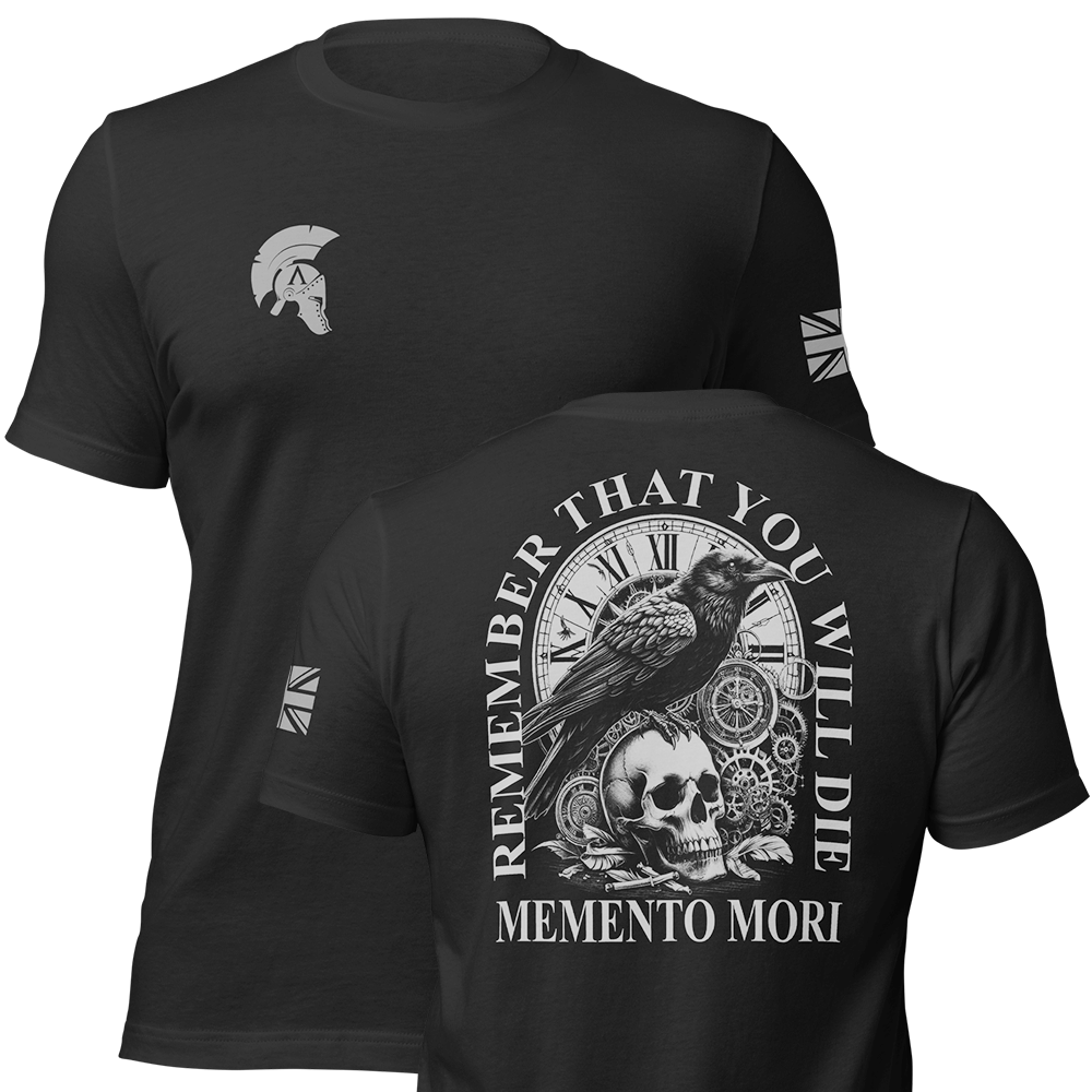 Front and back view of Black short sleeve unisex fit original cotton T-Shirt by Achilles Tactical Clothing Brand printed with Memento Mori Design across back