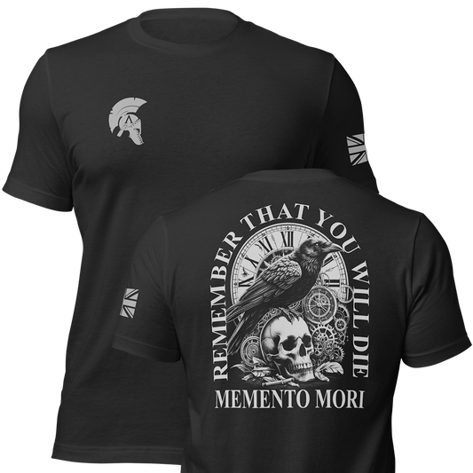 Front and back view of Black short sleeve unisex fit original cotton T-Shirt by Achilles Tactical Clothing Brand printed with Wolf Grey Memento Mori Design across back