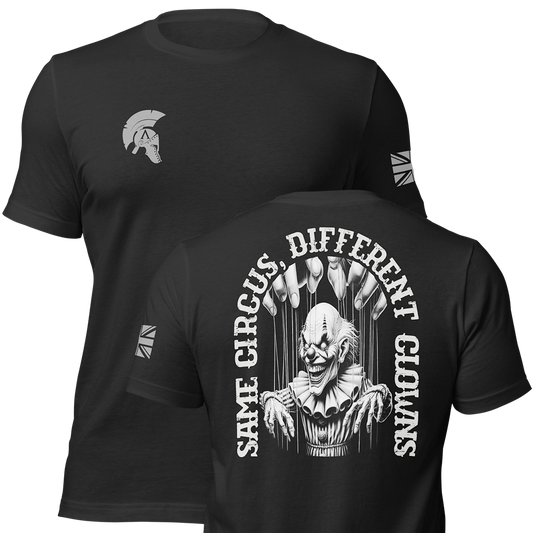 Front and back view of Black short sleeve unisex fit original cotton T-Shirt by Achilles Tactical Clothing Brand printed with Large Clowns design across back