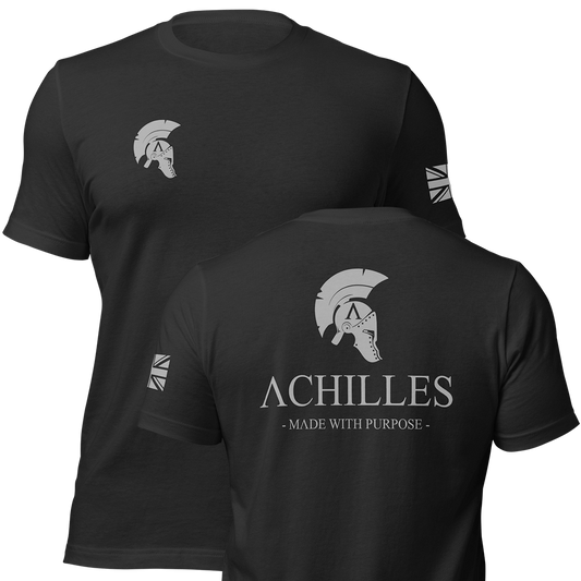 Front and back view of Black short sleeve unisex fit original cotton T-Shirt by Achilles Tactical Clothing Brand printed with Wolf Grey Large Signature logo across back