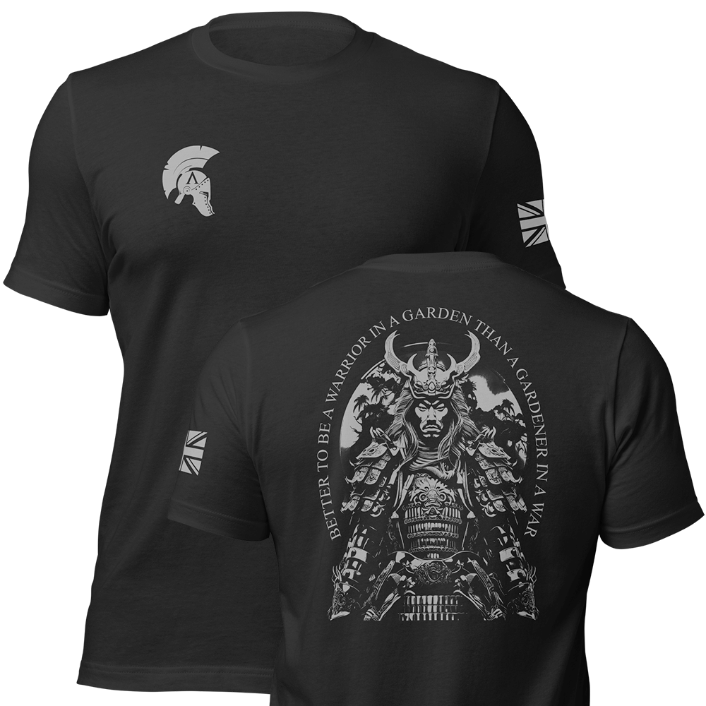 Front and back view of Black short sleeve unisex fit original cotton T-Shirt by Achilles Tactical Clothing Brand printed with Wolf Grey Warrior in a Garden Design across back