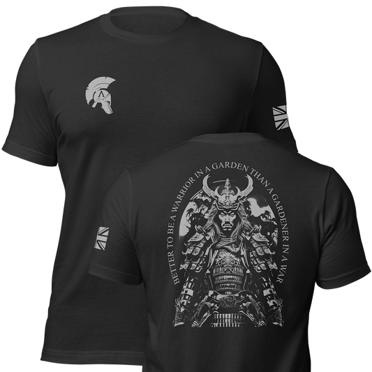 Front and back view of Black short sleeve unisex fit original cotton T-Shirt by Achilles Tactical Clothing Brand printed with Wolf Grey Warrior in a Garden Design across back
