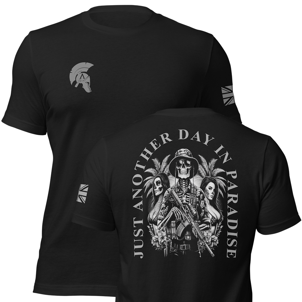 Front and back view of Black short sleeve unisex fit original cotton T-Shirt by Achilles Tactical Clothing Brand printed with Large Another day in Paradise design across back