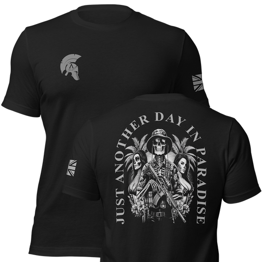 Front and back view of Black short sleeve unisex fit original cotton T-Shirt by Achilles Tactical Clothing Brand printed with Large Another day in Paradise design across back