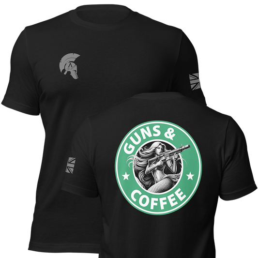 Front and back view of Black short sleeve unisex fit original cotton T-Shirt by Achilles Tactical Clothing Brand printed with Guns & Coffee design across back