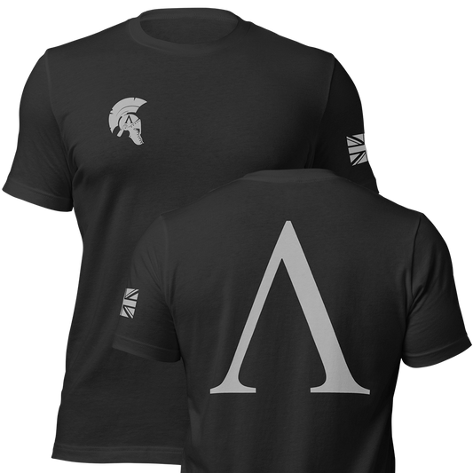 Front and back view of Black short sleeve unisex fit original cotton T-Shirt by Achilles Tactical Clothing Brand printed with Wolf Grey Large Alpha logo across back