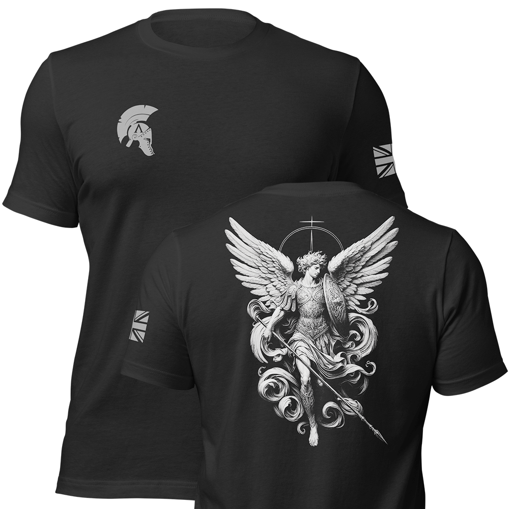 Front and back view of Black short sleeve unisex fit original cotton T-Shirt by Achilles Tactical Clothing Brand printed with Large Archangel design across back