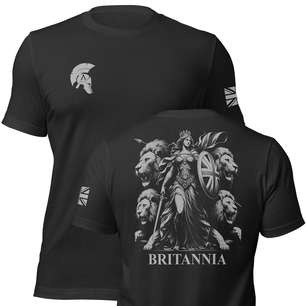 Front and back view of Black short sleeve unisex fit original cotton T-Shirt by Achilles Tactical Clothing Brand printed with Britannia Design across back