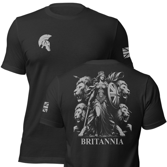 Front and back view of Black short sleeve unisex fit original cotton T-Shirt by Achilles Tactical Clothing Brand printed with Britannia Design across back
