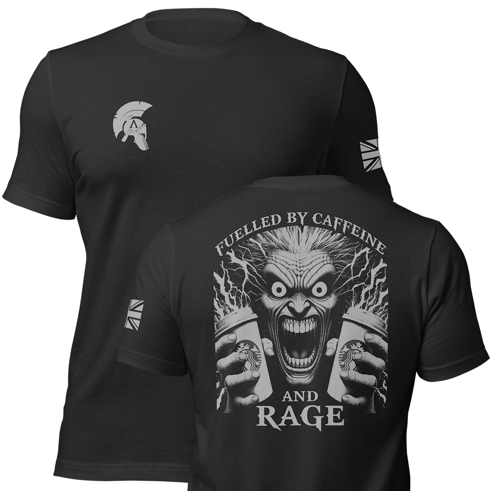 Front and back view of Black short sleeve unisex fit original cotton T-Shirt by Achilles Tactical Clothing Brand printed with Caffeine and Rage Design across back