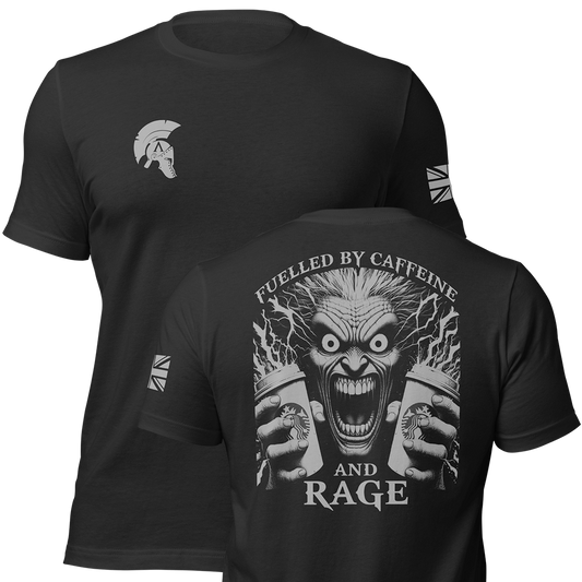 Front and back view of Black short sleeve unisex fit original cotton T-Shirt by Achilles Tactical Clothing Brand printed with Caffeine and Rage Design across back