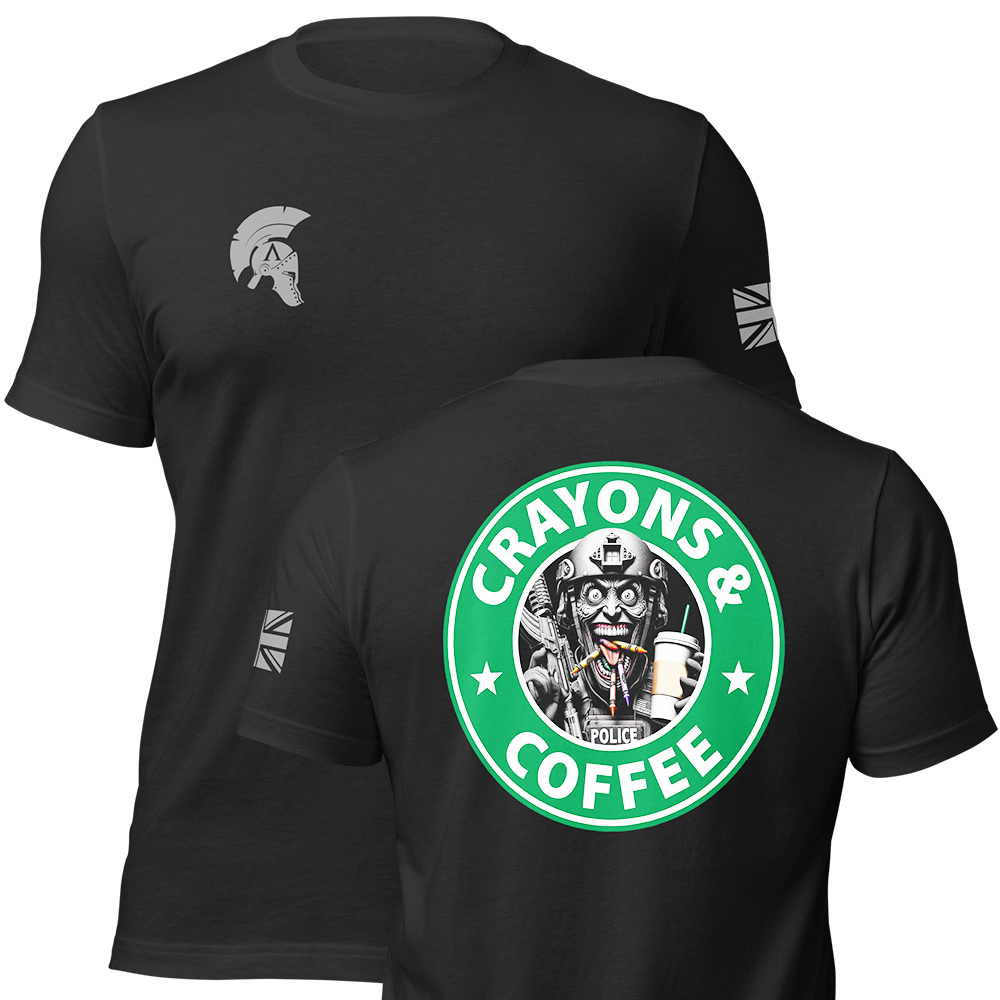 Front and back view of Black short sleeve unisex fit original cotton T-Shirt by Achilles Tactical Clothing Brand printed with Crayons & Coffee (AFO) Design across back