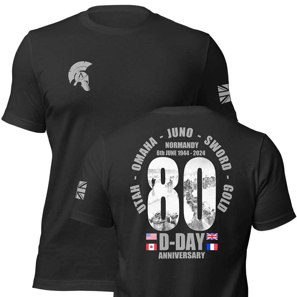 Front and back view of Black short sleeve unisex fit original cotton T-Shirt by Achilles Tactical Clothing Brand printed with DDAY 80 Design across back
