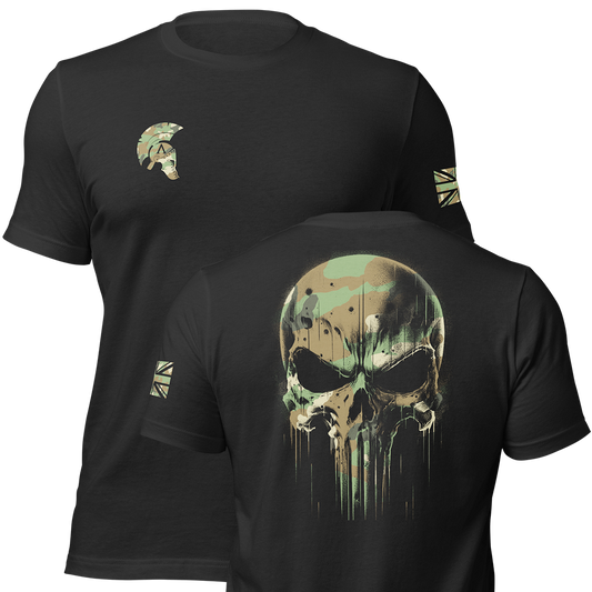 Front and back view of Black short sleeve unisex fit original cotton T-Shirt by Achilles Tactical Clothing Brand printed with DPM Skull Design across back