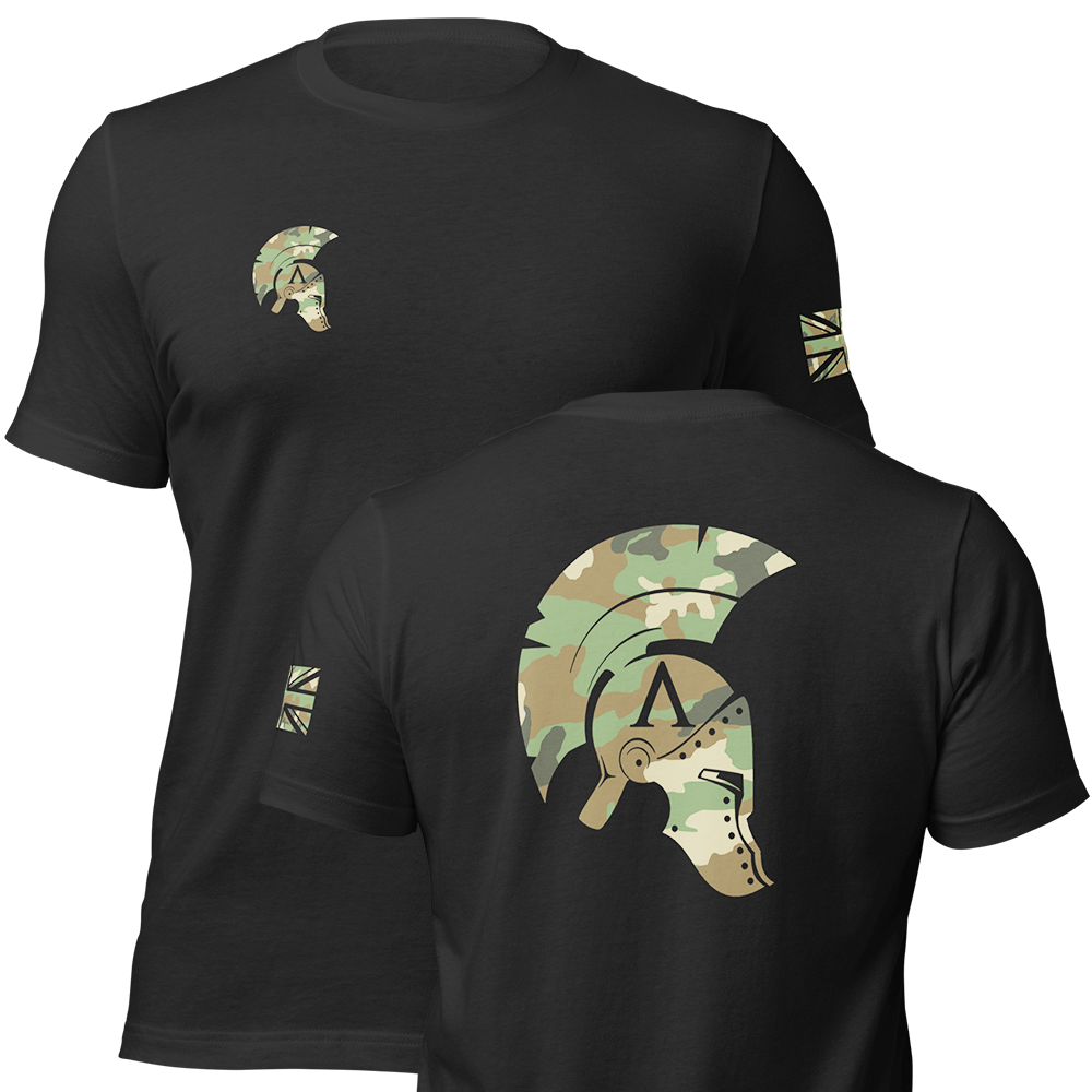 Front and back view of Black short sleeve unisex fit original cotton T-Shirt by Achilles Tactical Clothing Brand printed with DPM Icon Design across back