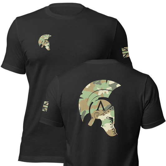 Front and back view of Black short sleeve unisex fit original cotton T-Shirt by Achilles Tactical Clothing Brand printed with DPM Icon Design across back