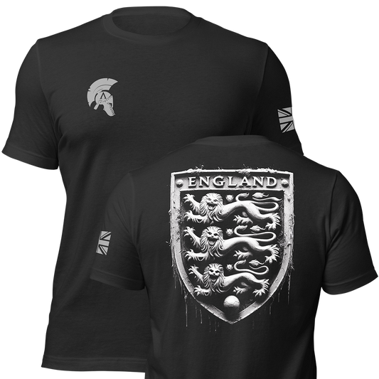 Front and back view of Black short sleeve unisex fit original cotton T-Shirt by Achilles Tactical Clothing Brand printed with Large England design across back