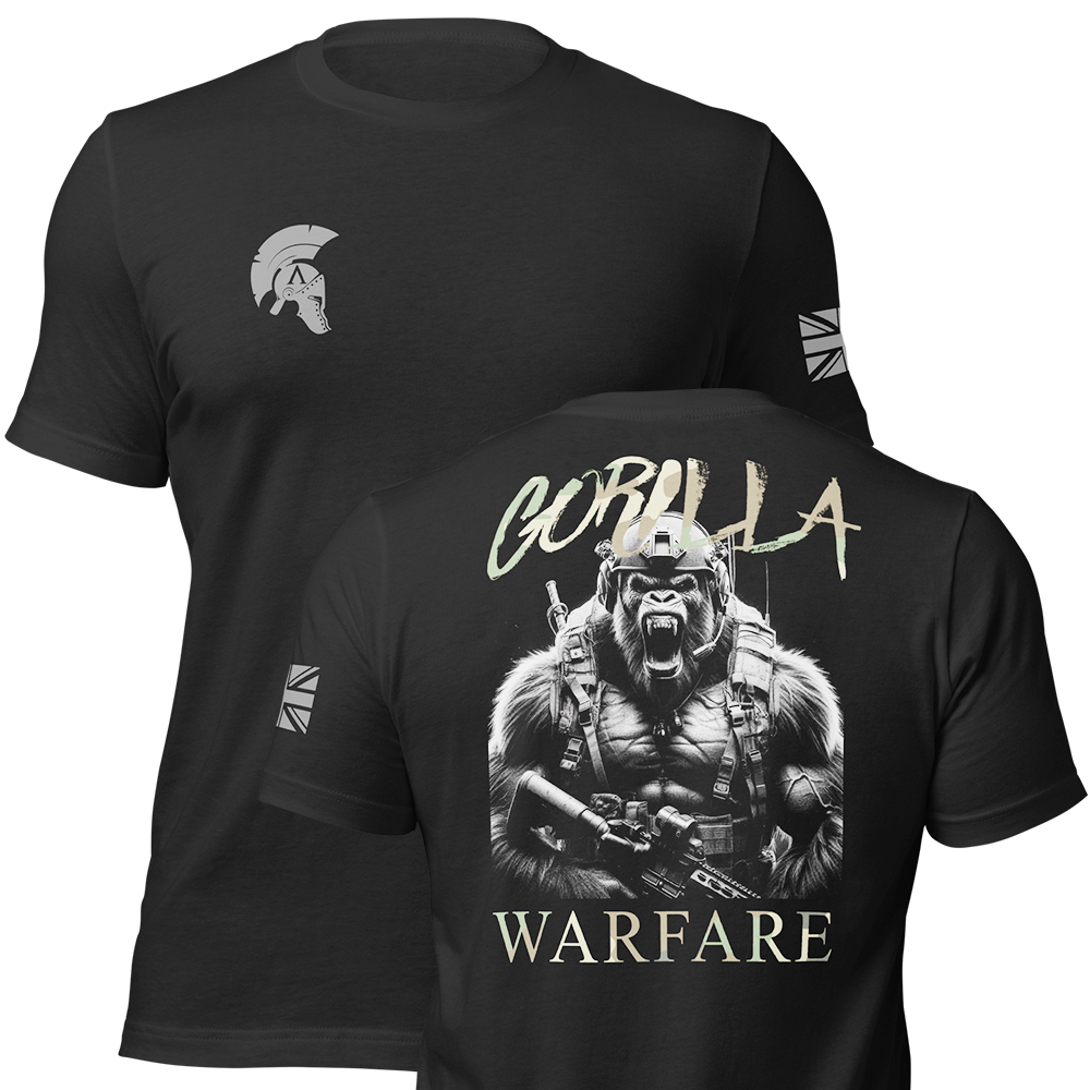 Front and back view of Black short sleeve unisex fit original cotton T-Shirt by Achilles Tactical Clothing Brand printed with Large Gorilla Warfare design across back