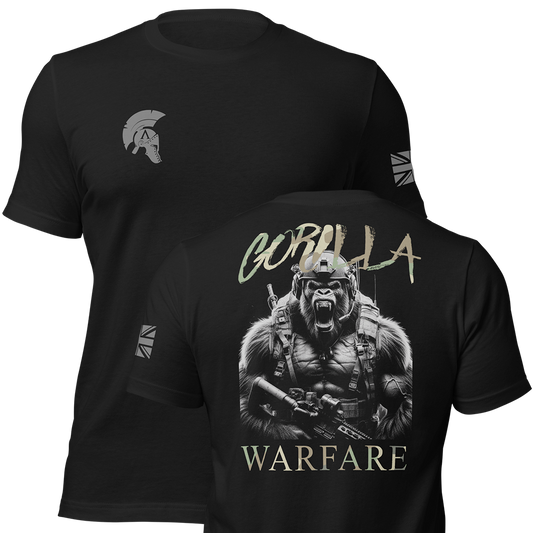 Front and back view of Black short sleeve unisex fit original cotton T-Shirt by Achilles Tactical Clothing Brand printed with Large Gorilla Warfare design across back