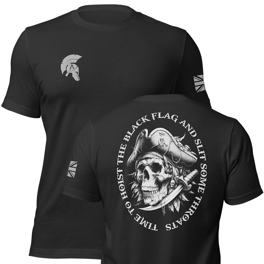 Front and back view of Black short sleeve unisex fit original cotton T-Shirt by Achilles Tactical Clothing Brand printed with Large Hoist the black flag design across back