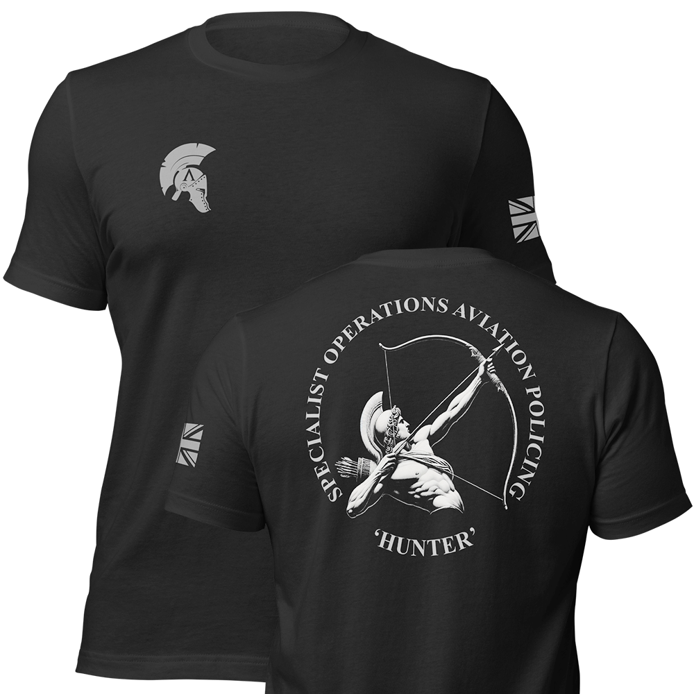 Front and back view of Black short sleeve unisex fit original cotton T-Shirt by Achilles Tactical Clothing Brand printed with Hunter design across back