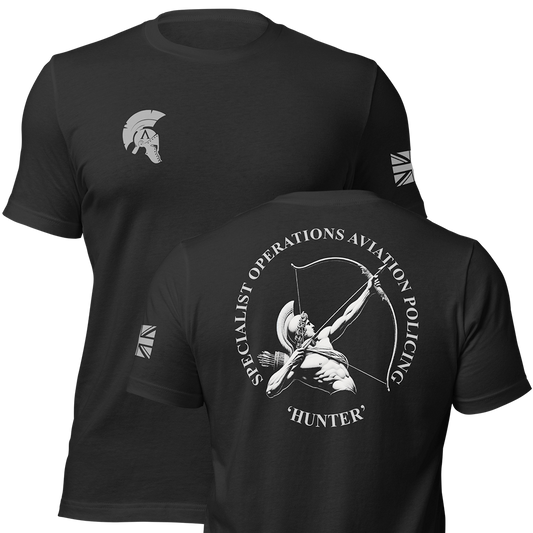 Front and back view of Black short sleeve unisex fit original cotton T-Shirt by Achilles Tactical Clothing Brand printed with Hunter design across back