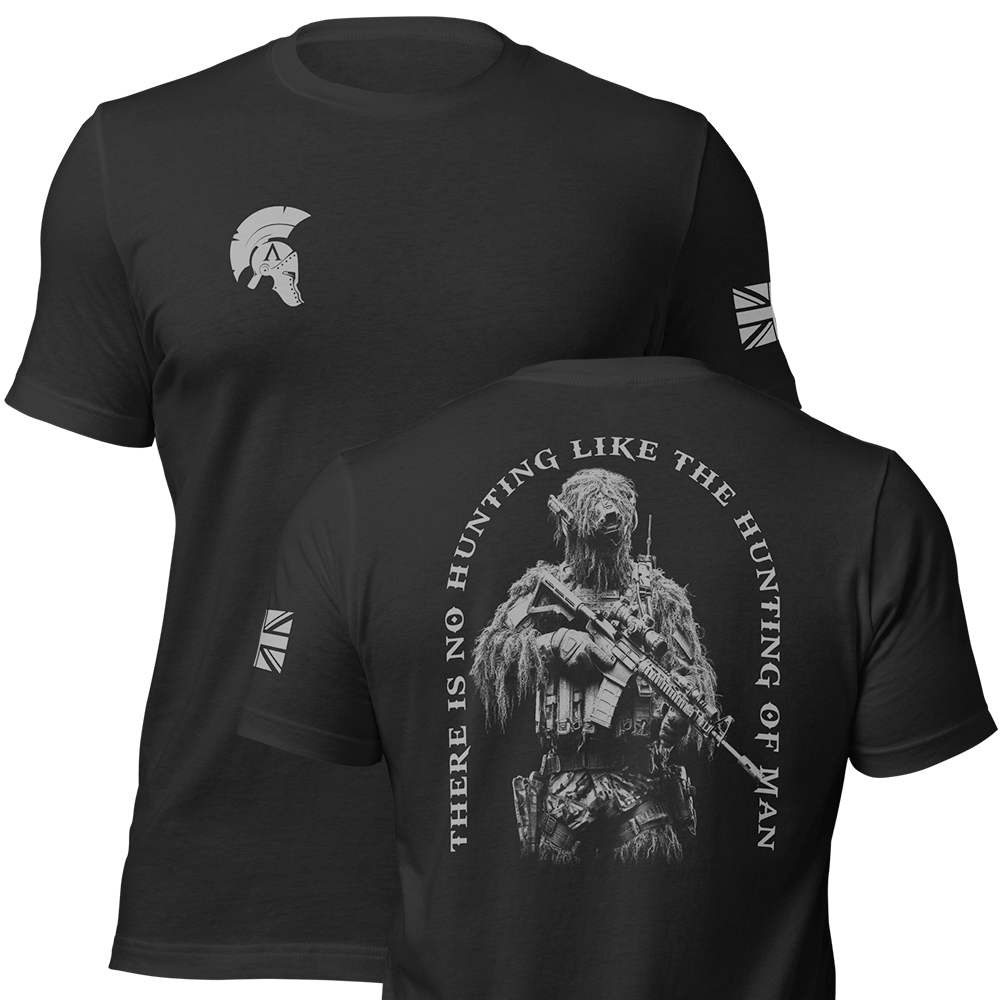 Front and back view of Black short sleeve unisex fit original cotton T-Shirt by Achilles Tactical Clothing Brand printed with Hunting of man Design across back