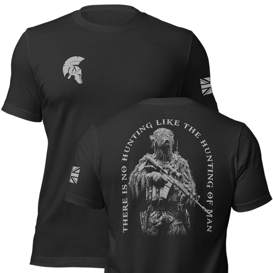 Front and back view of Black short sleeve unisex fit original cotton T-Shirt by Achilles Tactical Clothing Brand printed with Hunting of man Design across back