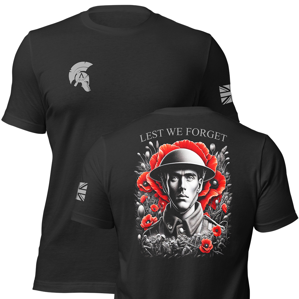 Front and back view of Black short sleeve unisex fit original cotton T-Shirt by Achilles Tactical Clothing Brand printed with Lest we forget Design across back