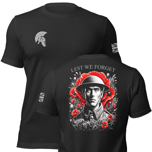 Front and back view of Black short sleeve unisex fit original cotton T-Shirt by Achilles Tactical Clothing Brand printed with Lest we forget Design across back