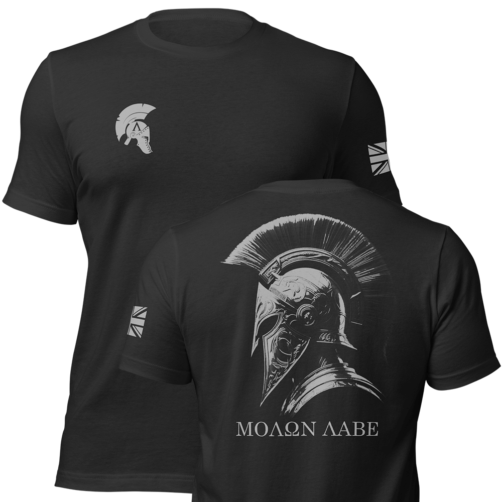 Front and back view of Black short sleeve unisex fit original cotton T-Shirt by Achilles Tactical Clothing Brand printed with Molon Labe Design across back