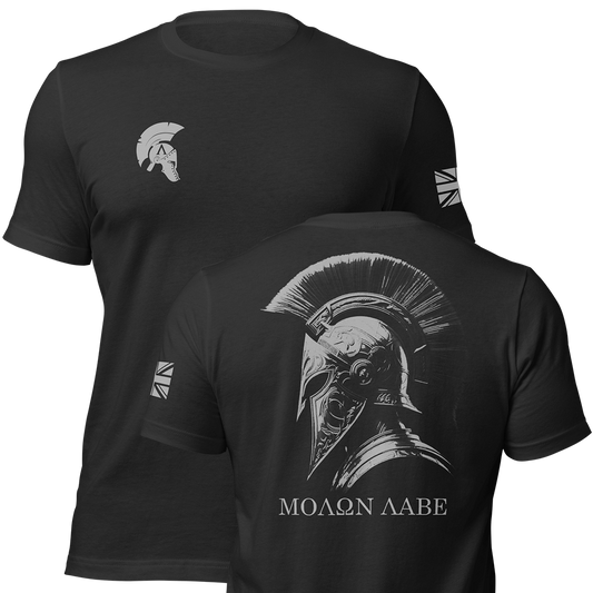 Front and back view of Black short sleeve unisex fit original cotton T-Shirt by Achilles Tactical Clothing Brand printed with Molon Labe Design across back