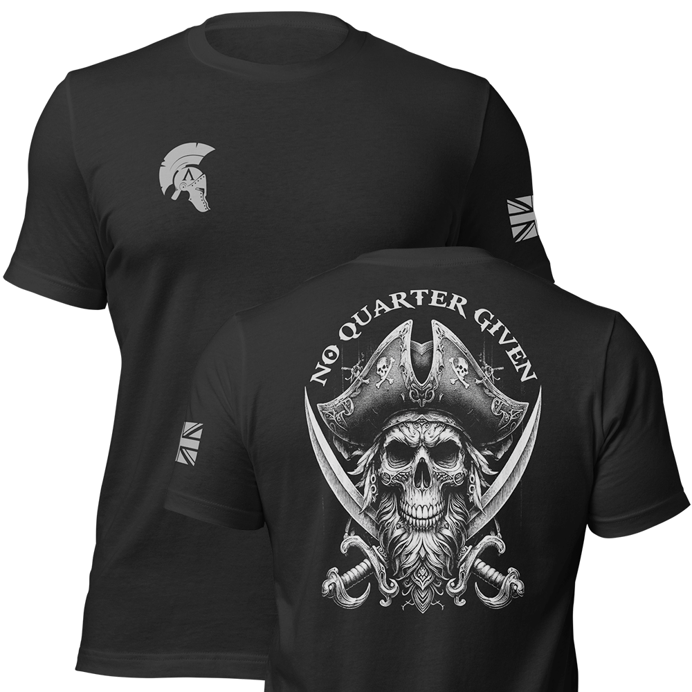 Front and back view of Black short sleeve unisex fit original cotton T-Shirt by Achilles Tactical Clothing Brand printed with Large No Quarter Given design across back