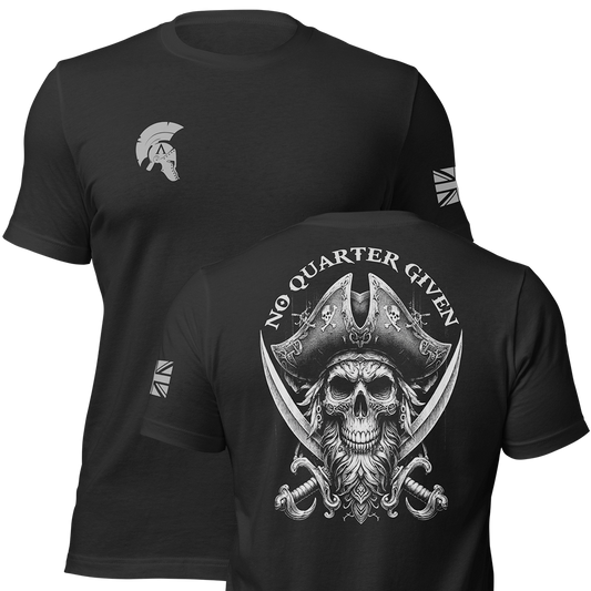 Front and back view of Black short sleeve unisex fit original cotton T-Shirt by Achilles Tactical Clothing Brand printed with Large No Quarter Given design across back