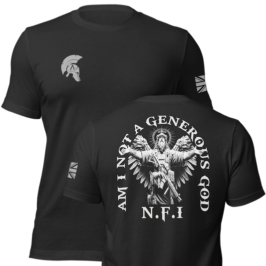 Front and back view of Black short sleeve unisex fit original cotton T-Shirt by Achilles Tactical Clothing Brand printed with NFI Generous God design across back