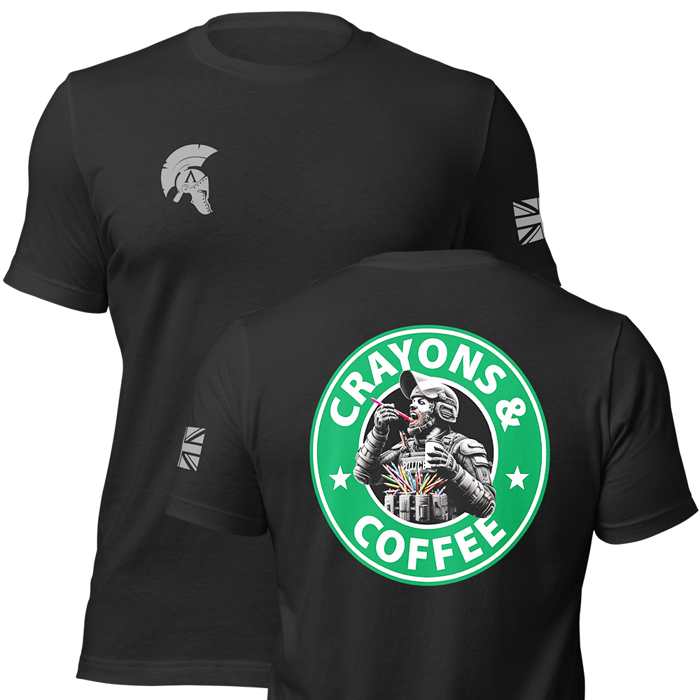 Front and back view of Black short sleeve unisex fit original cotton T-Shirt by Achilles Tactical Clothing Brand printed with Crayons & Coffee (PSU) Design across back