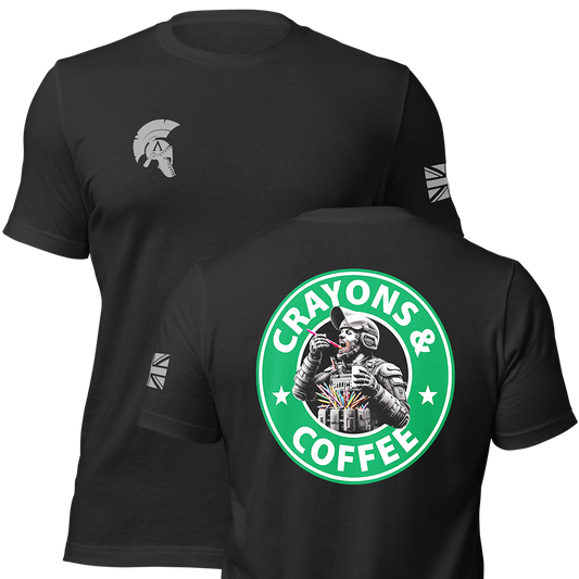 Front and back view of Black short sleeve unisex fit original cotton T-Shirt by Achilles Tactical Clothing Brand printed with Crayons & Coffee (PSU) Design across back