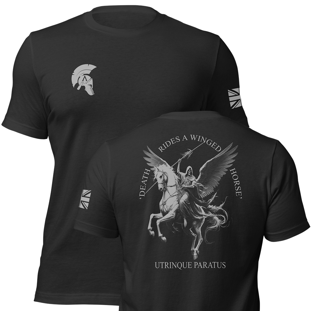 Front and back view of Black short sleeve unisex fit original cotton T-Shirt by Achilles Tactical Clothing Brand printed with Pegasus Design across back