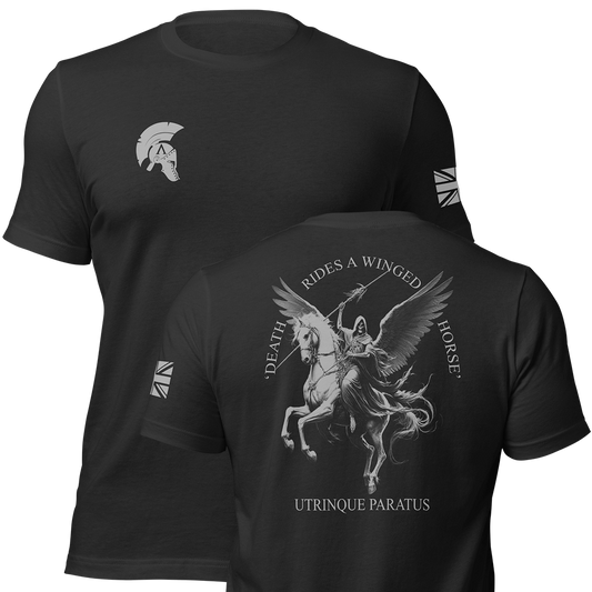 Front and back view of Black short sleeve unisex fit original cotton T-Shirt by Achilles Tactical Clothing Brand printed with Pegasus Design across back