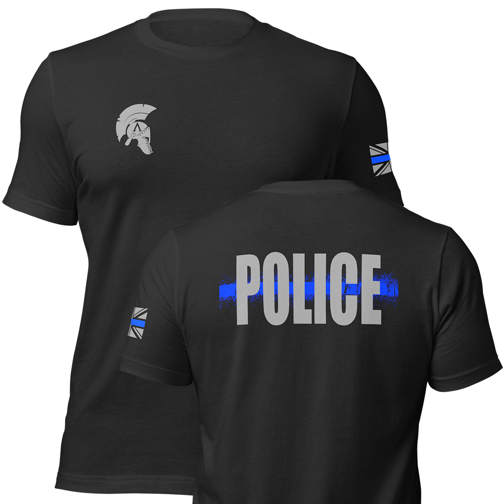 Front and back view of Black short sleeve unisex fit original cotton T-Shirt by Achilles Tactical Clothing Brand printed with Large Police Thin Blue Line logo across back