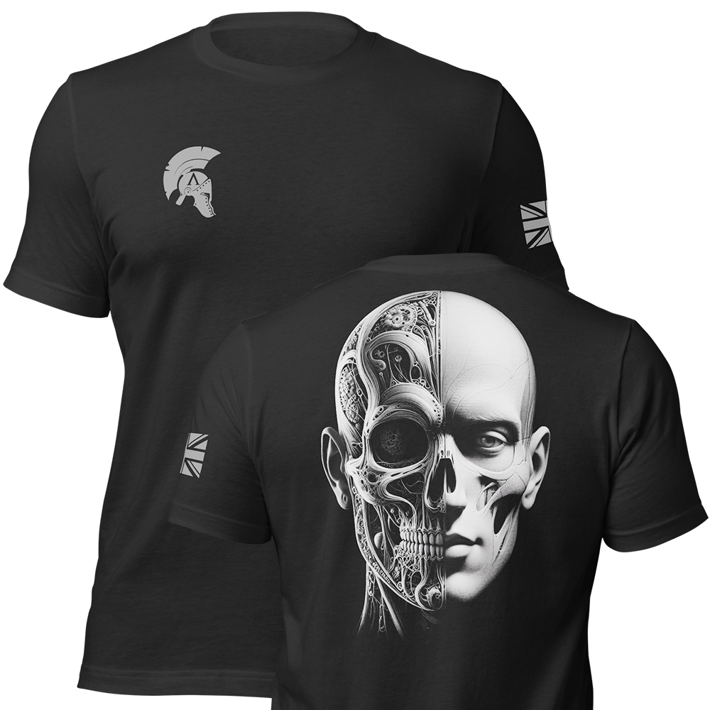 Front and back view of Black short sleeve unisex fit original cotton T-Shirt by Achilles Tactical Clothing Brand printed with Large Prometheus design across back